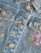 Floral Embellished Denim Jacket, Blue (BLUE), large