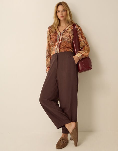 Joanie Linen Blend Barrel Trousers, Brown (CHOCOLATE), large