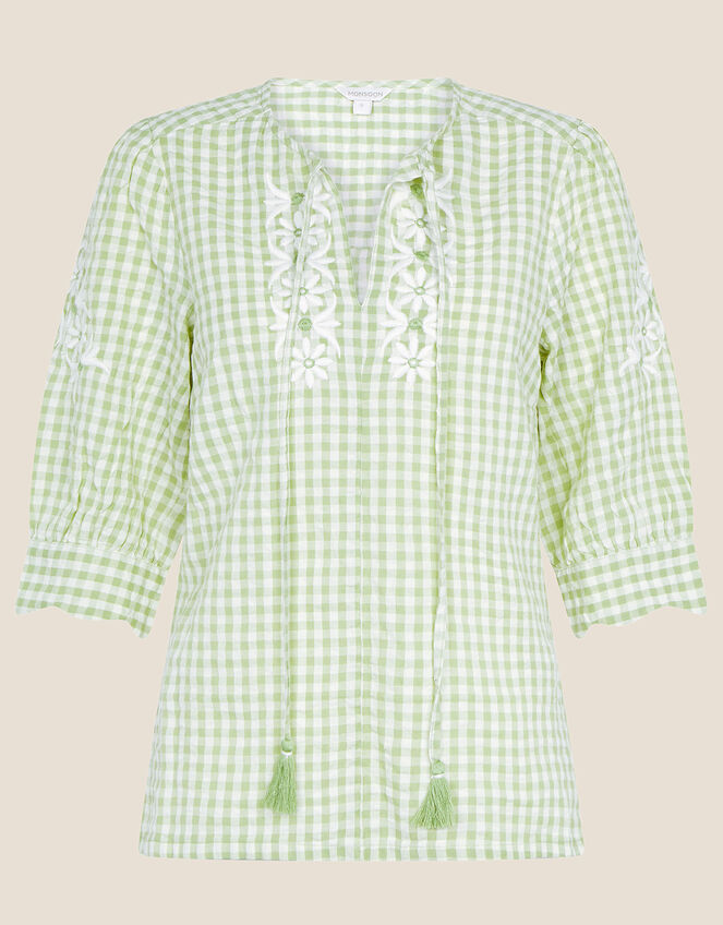 Gingham Embroidered Top in Sustainable Cotton, Green (GREEN), large