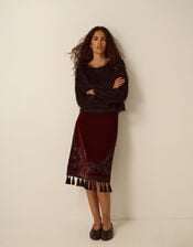 Mila Embellished Velvet Knee Length Skirt, Red (BURGUNDY), large