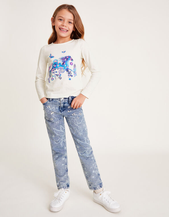 Horse Print Long Sleeve T-Shirt, Ivory (IVORY), large