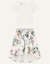 Chiffon Top and Floral Scuba Skirt Set, Ivory (IVORY), large