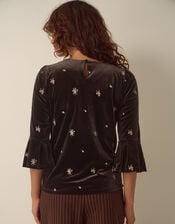 Emilee Flute Sleeve Embroidered Velvet Top, Brown (CHOCOLATE), large