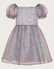 Puff Sleeve Floral Organza Dress, Blue (BLUE), large