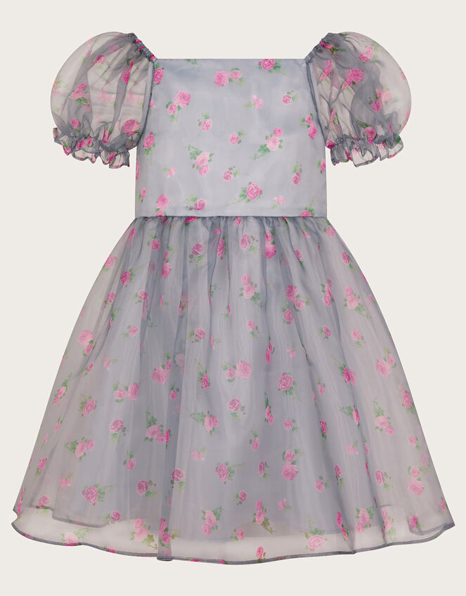 Puff Sleeve Floral Organza Dress, Blue (BLUE), large