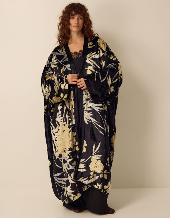 Clemence Paloma Long Floral Print Velvet Kimono, , large