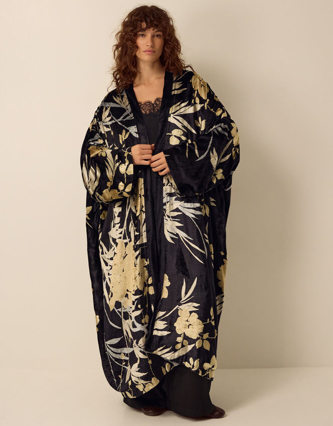 Clemence Paloma Long Floral Print Velvet Kimono, , large
