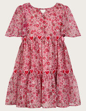 3D Hearts Floral Short Sleeve Dress, Red (RED), large