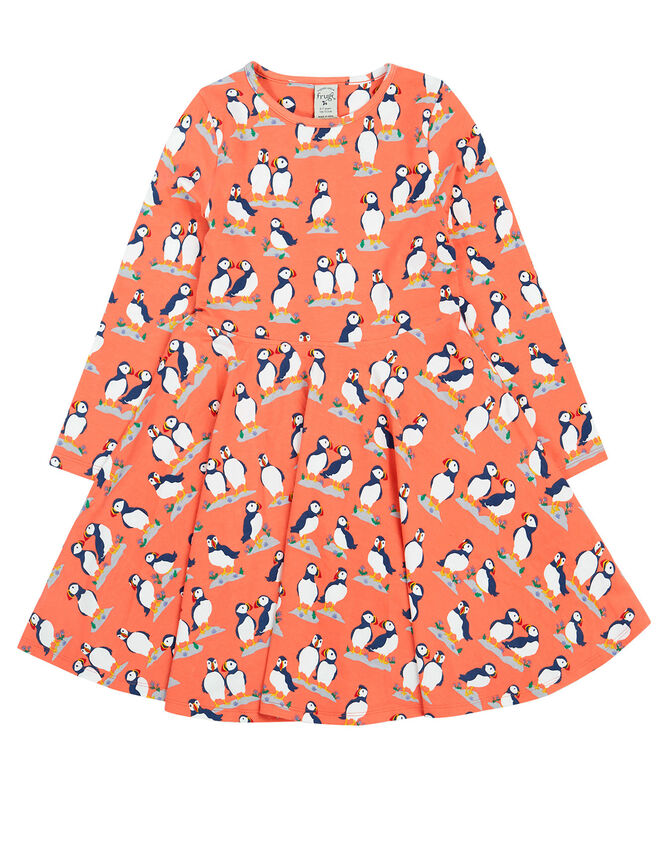 Frugi Puffin Print Skater Dress, Pink (PINK), large