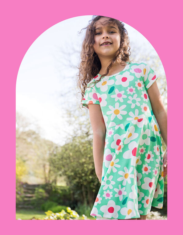 Frugi Spring Flower Print Skater Dress, Green (GREEN), large