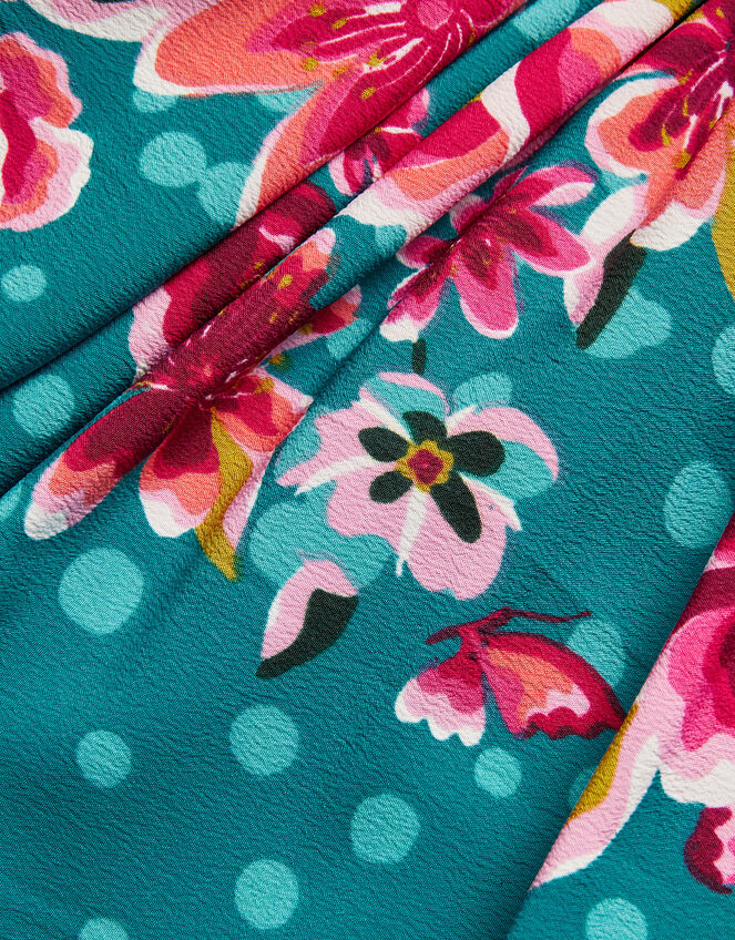 Placement Floral Waist Short Sleeve Dress, Teal (TEAL), large