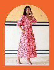 India & Mills Lottie Poppy Print Midi Dress, Pink (PINK), large