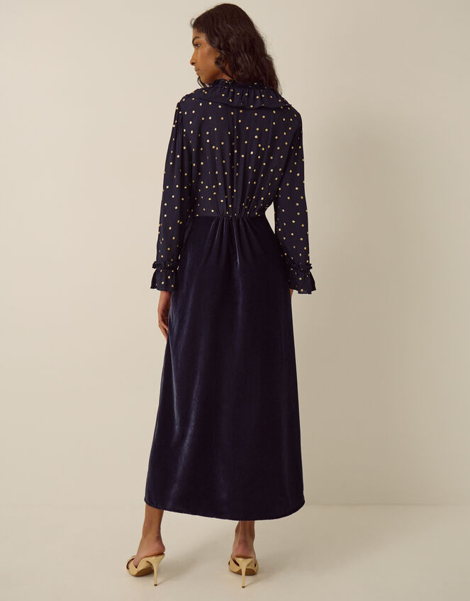Stevie V-Neck Foil Polka Dot Velvet Midi Dress, Blue (MIDNIGHT), large