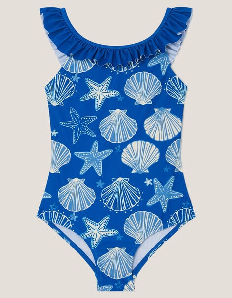 Starfish & Shell Print Frill Swimsuit, Blue (NAVY), large