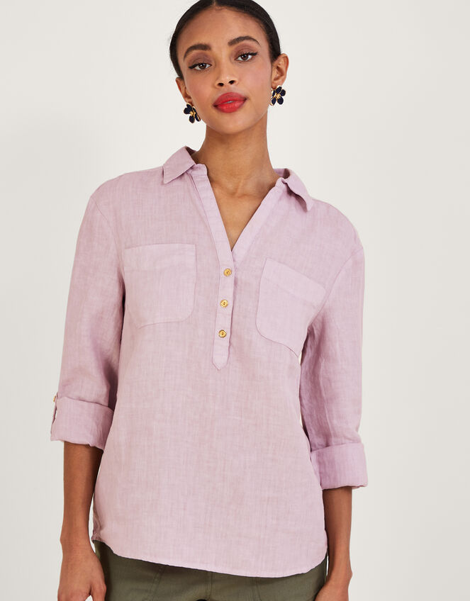 Pocket Detail Collared Linen Shirt , Purple (LILAC), large