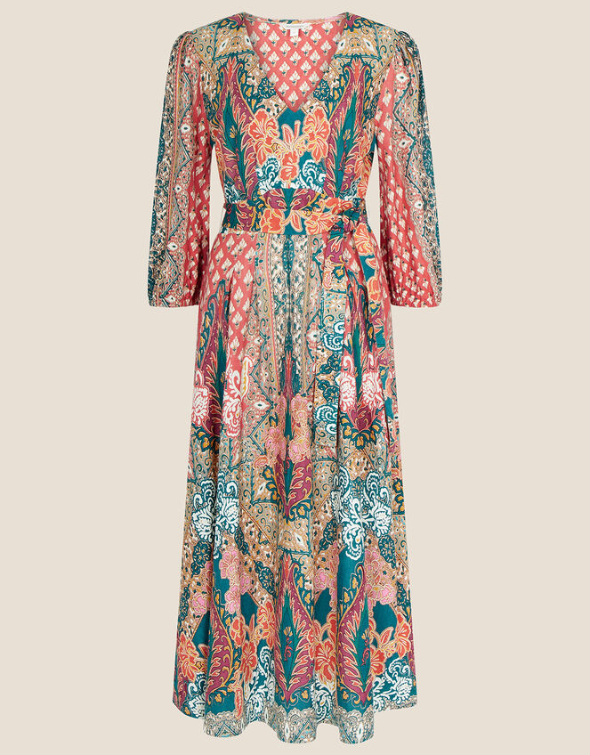 Scarf Print Jersey Dress with Organic Cotton, Orange (RUST), large