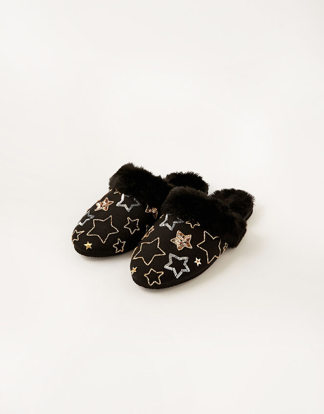 Sequin Star Faux Fur Slippers, Black (BLACK), large