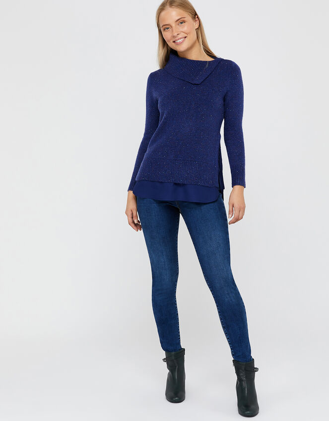 Perrie Nep Woven Hem Jumper, Blue (NAVY), large