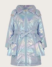 Metallic Frill Padded Coat, Blue (PALE BLUE), large