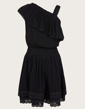 Asymmetrical Broderie Frill Dress, Black (BLACK), large
