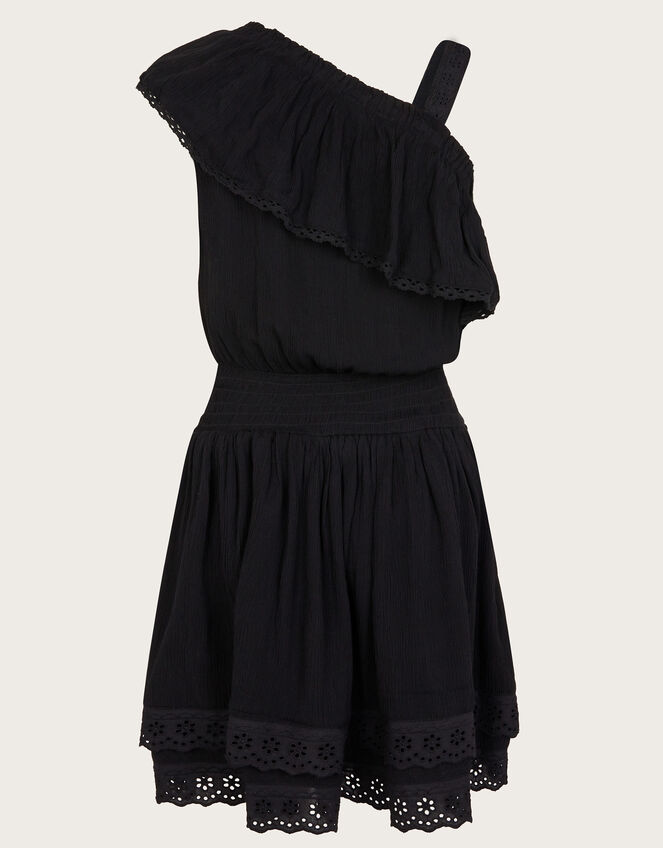 Asymmetrical Broderie Frill Dress, Black (BLACK), large