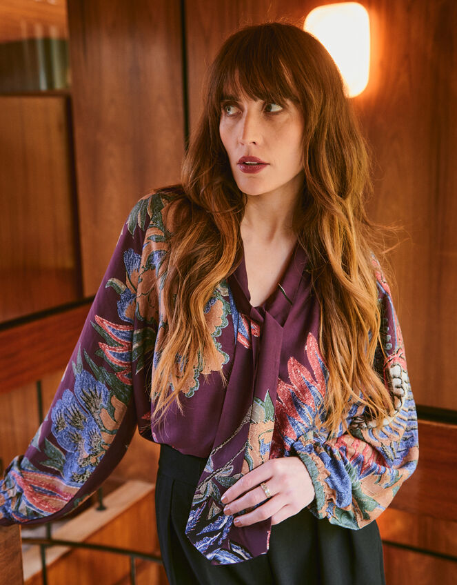 One Hundred Stars Crane Print Pussybow Blouse, Purple (PLUM), large