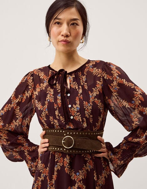 Studded Suede Waist Belt , Brown (CHOCOLATE), large