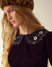 Monsoon x Queens of Archive Penny Sequin Collar Velvet Mini Dress​, Black (BLACK), large