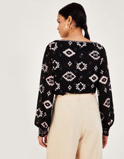 All Over Geometric Jersey Top with Recycled Polyester, Black (BLACK), large