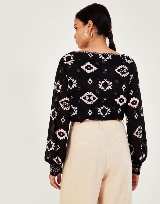 All Over Geometric Jersey Top with Recycled Polyester, Black (BLACK), large