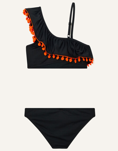 One Shoulder Pom-Pom Bikini, Black (BLACK), large