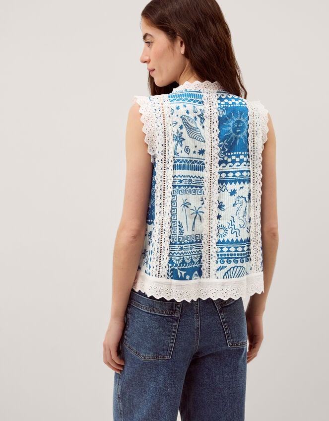 Soleil Print Lace Tank Top, Blue (COBALT), large