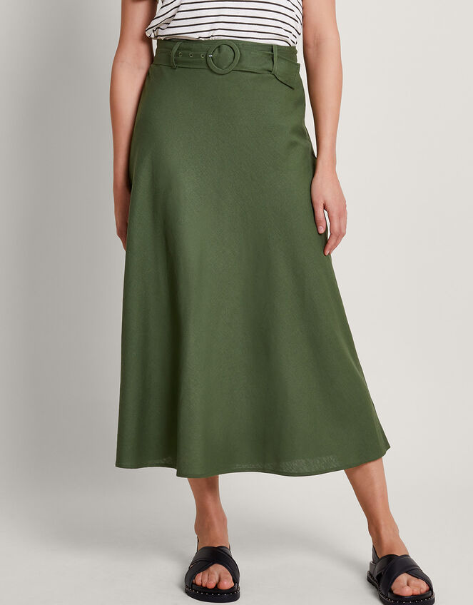 Olive Belted Midi Skirt, Green (KHAKI), large