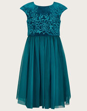 Odette Velvet Embroidered Dress, Teal (TEAL), large