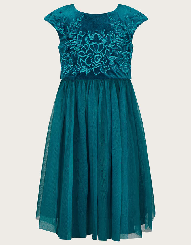 Odette Velvet Embroidered Dress, Teal (TEAL), large