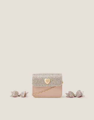 Mini Glitter Bag & Bow Hair Clips Set, , large