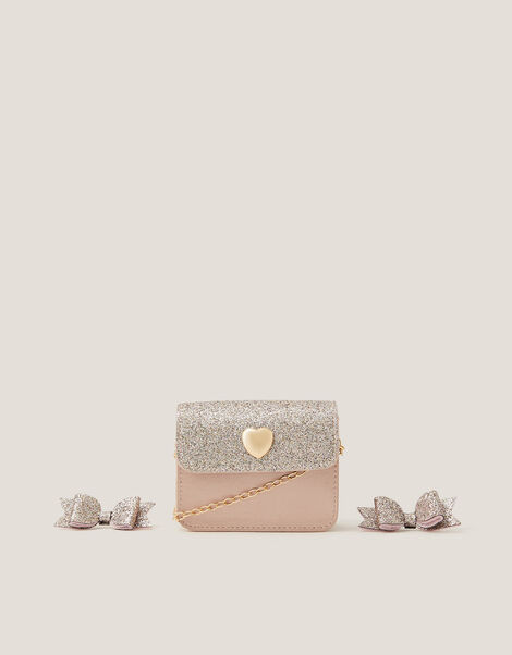 Mini Glitter Bag & Bow Hair Clips Set, , large
