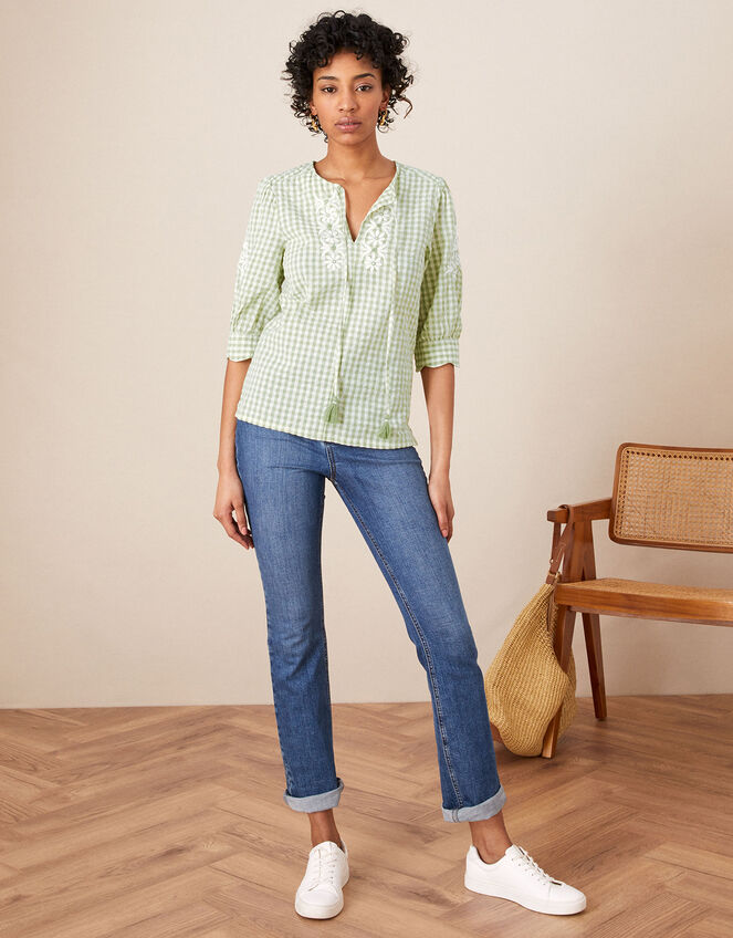 Gingham Embroidered Top in Sustainable Cotton, Green (GREEN), large