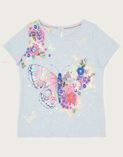 Butterfly Applique Marl Short Sleeve T-Shirt, Blue (BLUE), large