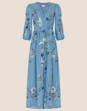 Willa Embroidered Wrap Dress in Recycled Polyester, Blue (BLUE), large