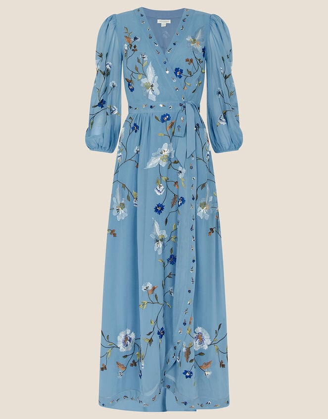 Willa Embroidered Wrap Dress in Recycled Polyester, Blue (BLUE), large