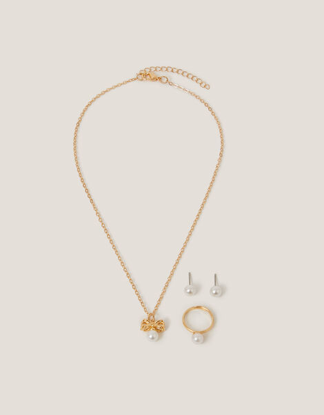 Pearl Bow Pendant Jewellery Set, Gold (GOLD), large