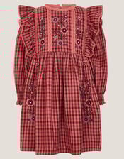 Floral Embroidered Check Dress, Brown (BROWN), large