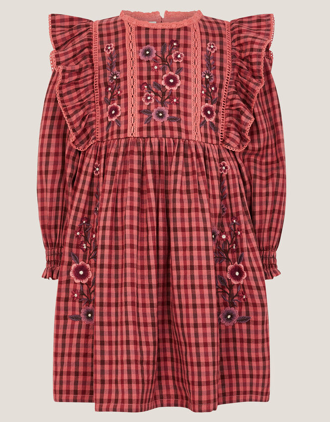 Floral Embroidered Check Dress, Brown (BROWN), large
