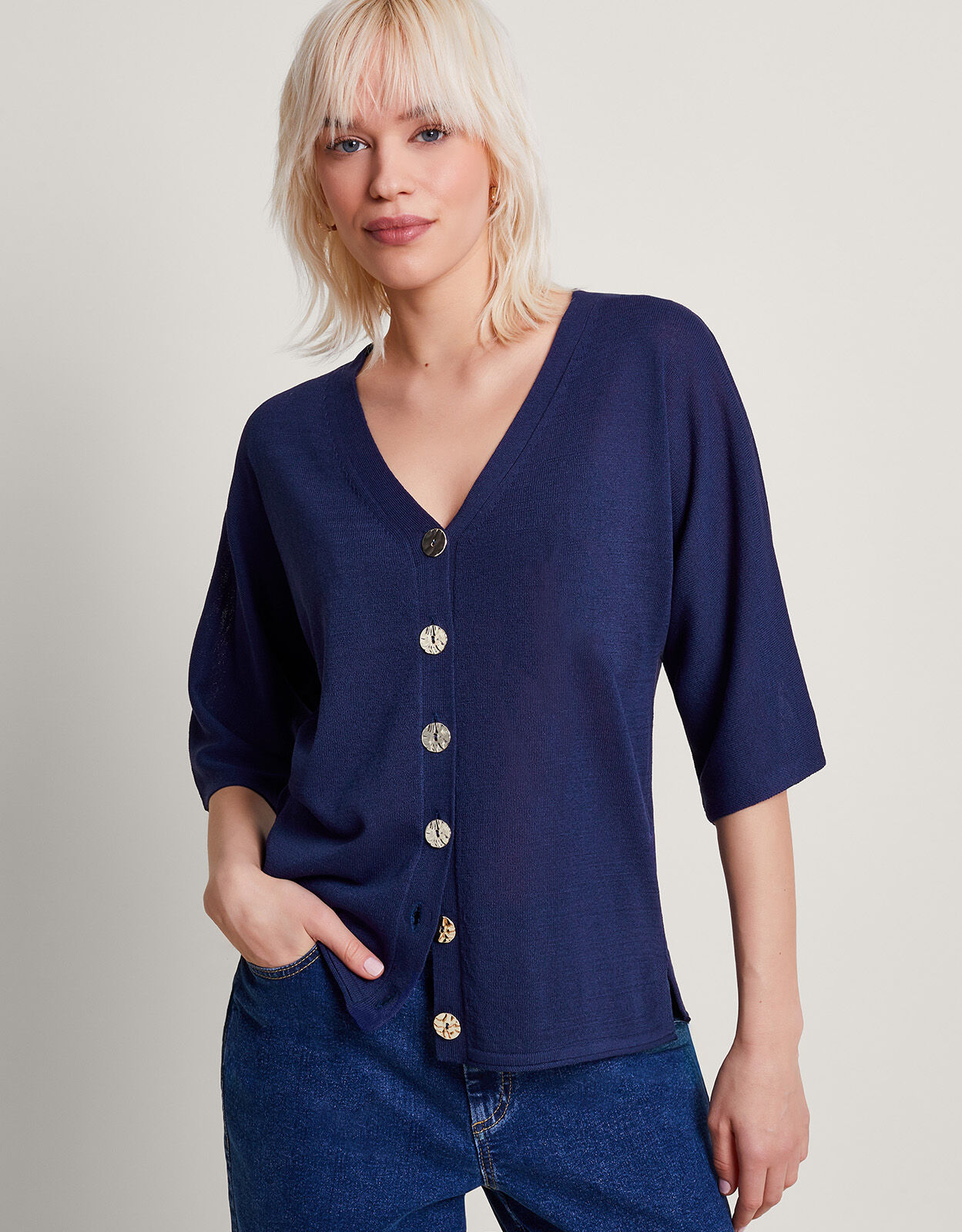 Navy blue short sleeve cardigan new arrivals