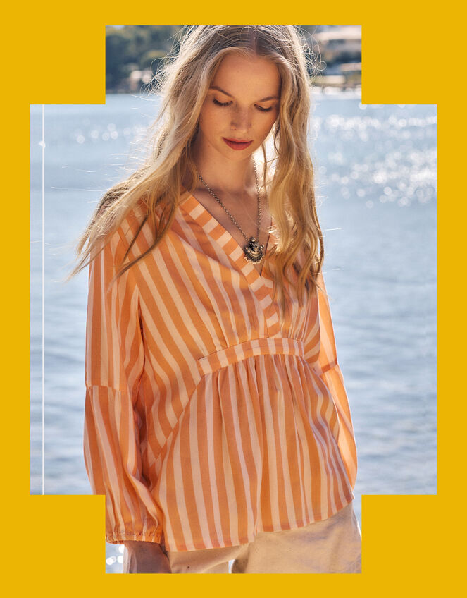 East Maeve V-Neck Stripe Blouse, Orange (PEACH), large