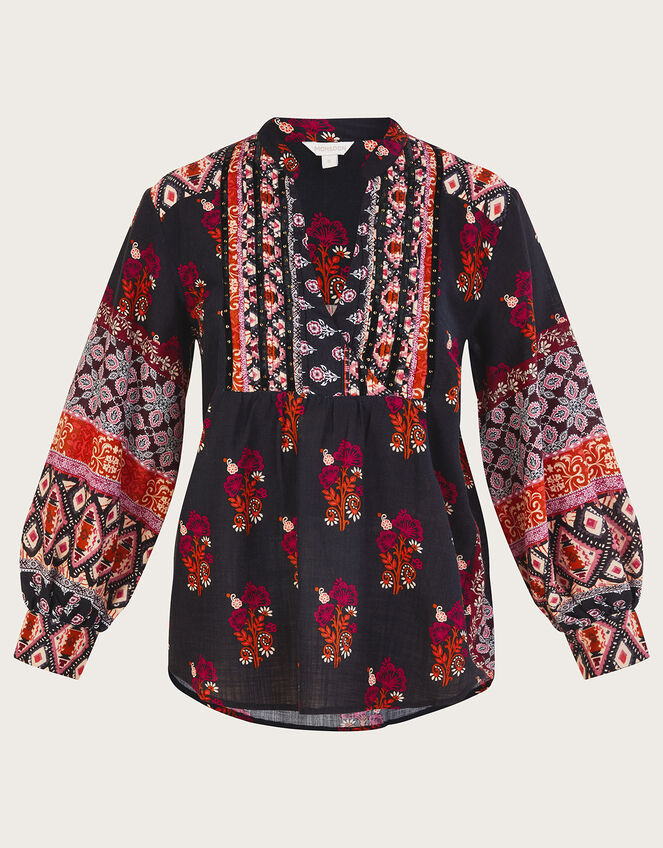 Print Heritage Smock Top with Sustainable Cotton, Black (BLACK), large