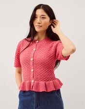 Shea Short Sleeve Ruffle Knit Cardigan, Pink (PINK), large
