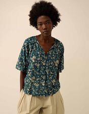 East Rohini Floral Print Cotton-Viscose Top, Teal (TEAL), large
