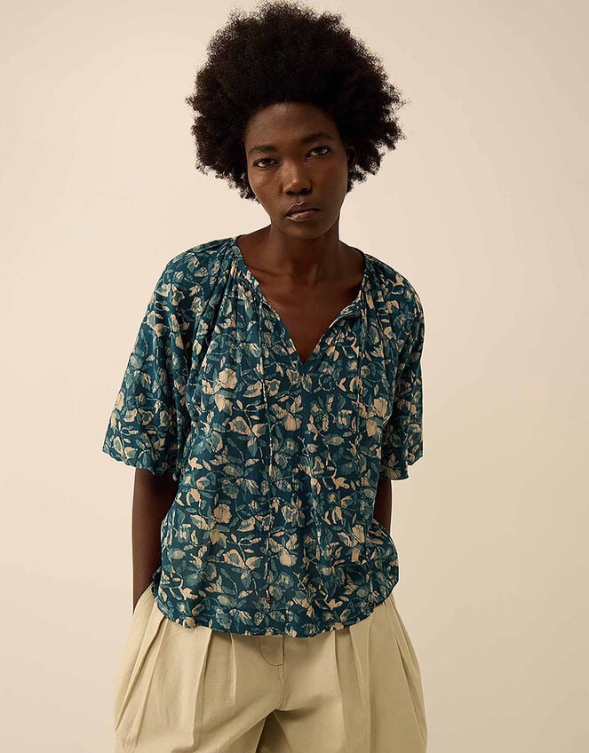 East Rohini Floral Print Cotton-Viscose Top, Teal (TEAL), large